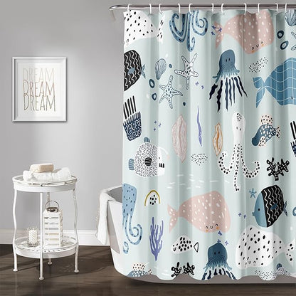AILONEN Cartoon Ocean Life Shower Curtain for Kids 72" W*84" H Inch,Kawaii Fish Whales Octopuses Pattern Shower Curtain,Ocean Life Theme 12 Pack Hooks Polyester Waterproof Fabric Decor for Bathroom