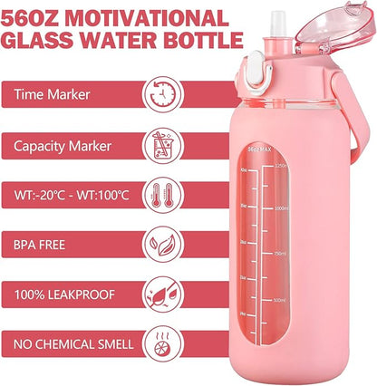 kytffu 56oz Glass Water Bottles with Straw, Motivational Glass Bottle with Silicone Sleeve and Time Marker, Leakproof Large Glass Water Jug for Gym Home Office,Pink