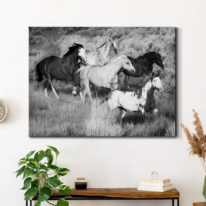 Renditions Gallery Canvas Animal Wall Art Modern Decorations Paintings Running Vintage Horses Black & White Nature Wall Hanging Artwork Prints for Bedroom Office Kitchen - 24"x36" LT33