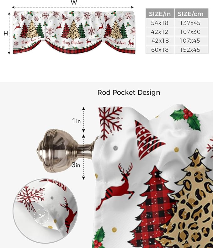 Merry Christmas Blackout Tie Up Valance Curtains for Kitchen Windows Farm Christmas Tree Buffalo Plaid Leopard Window Toppers Balloon Shades for Living Room/Bathroom/Bedroom,60" X 18" Holiday Decor