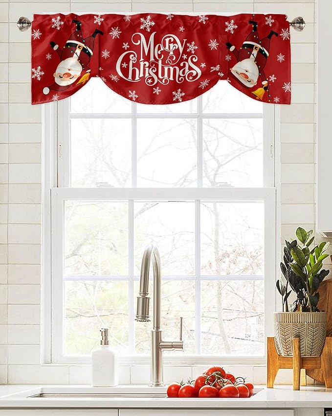 Red Merry Christmas Blackout Tie Up Valance Curtains for Kitchen Windows Funny Hanging Santa Window Toppers Balloon Shades for Living Room/Bathroom/Bedroom,1 Panel, 42" X 18", Snow Winter Holiday