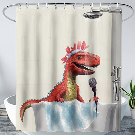 AILONEN Cartoon Dinosaur Shower Curtain for Kids Boys,Funny Singing Dinosaur Waterproof Fabric Shower Curtain for Bathroom,Lovely Red Dinosaur Shower Curtain Set with Hooks,36" W*72" H