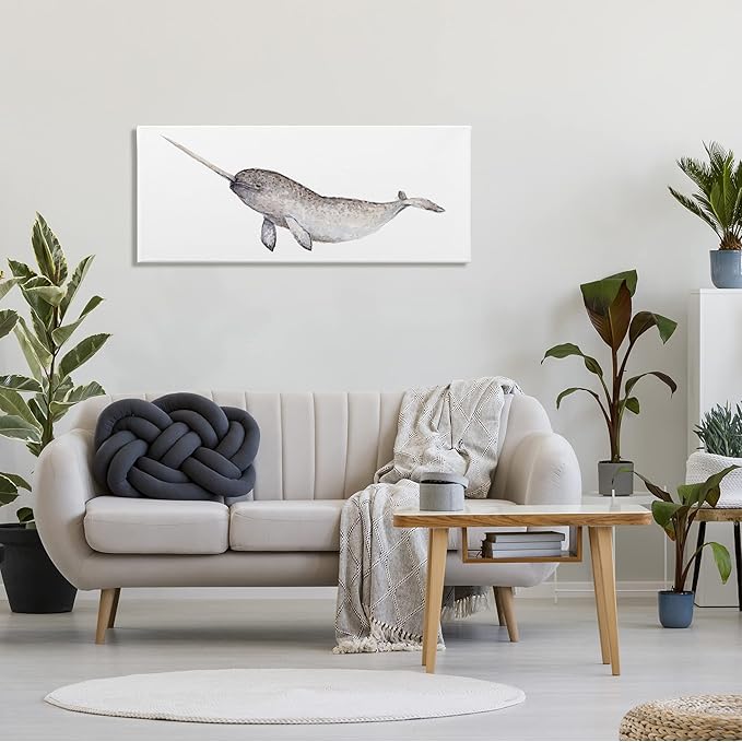 Stupell Industries Baby Narwhal Watercolor Painting Children's Nursery Aquatic Animal Canvas Wall Art, 48 x 20, Grey