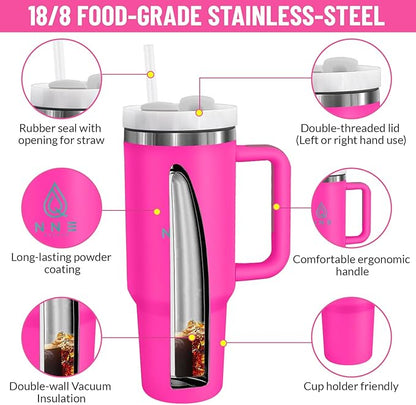 40oz stainless Steel Insulated Tumbler with Handle, lid and straw for cold water, Iced tea, or coffee - 100% Leak-Proof - Cupholder Friendly Travel Mug- Gifts for Women Men Him Her (Pink)