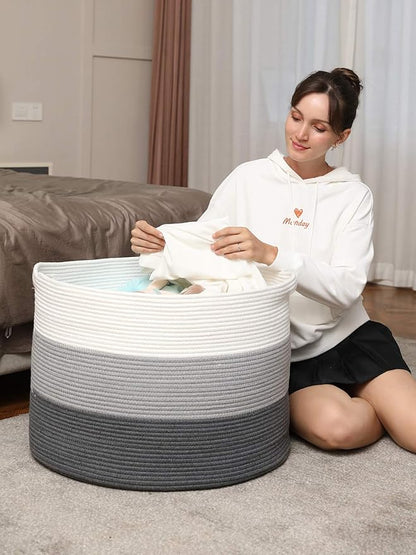 24" x 24" x 17" Max Size Large Cotton Rope Basket, Extra Large Storage Basket, Woven Laundry Hamper, Cloth Storage Bin, for Blankets Clothes Towels Pillows in Living Room, Grey/Dark Grey
