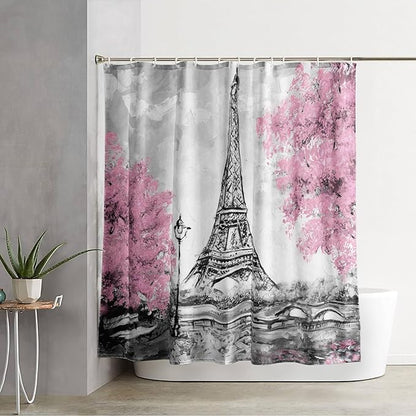 AILONEN Paris Tower Shower Curtain,Retro Gray Tower Waterproof Shower Curtain Set for Boys Kids Teens, 36" W*72" H Cherry Tree Eiffel Tower Pen Drawing Style Shower Curtains