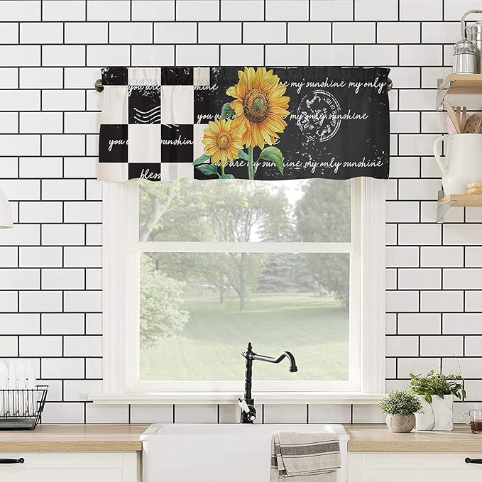 Kitchen Curtains and Valances Set,Farmhouse Sunflower Window Treatments Tiers Black White Buffalo Plaid Semi Sheer Half/Short Curtains for Small Windows Cafe /Living Room/ Bedroom 54x24 in, 3-Piece