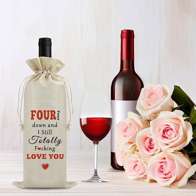 4th Anniversary Marriage Gift for Wife Husband Wine Bag 4 Years Anniversary Wedding Gift for Couples Burlap Wine Bag 4th Anniversary Birthday Christmas Valentine Gift for Her Him Wine Gift Bag