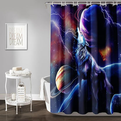 AILONEN Howling Wolf Shower Curtain,Lightning Planet Wolf Bath Curtain for Kids Boys Girls,Wildlife Animal Polyester Waterproof for Shower with 12 Plastic Hooks 72" W*84" H