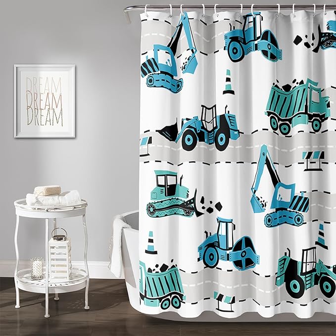 AILONEN Cartoon Kids Truck Shower Curtain,Waterproof Durable,Blue Forklift Truck Excavator Bath Curtain for Boys Girls,Construction Themed Bathroom Decor with 12 Plastic Hooks, 72" W x 96" H