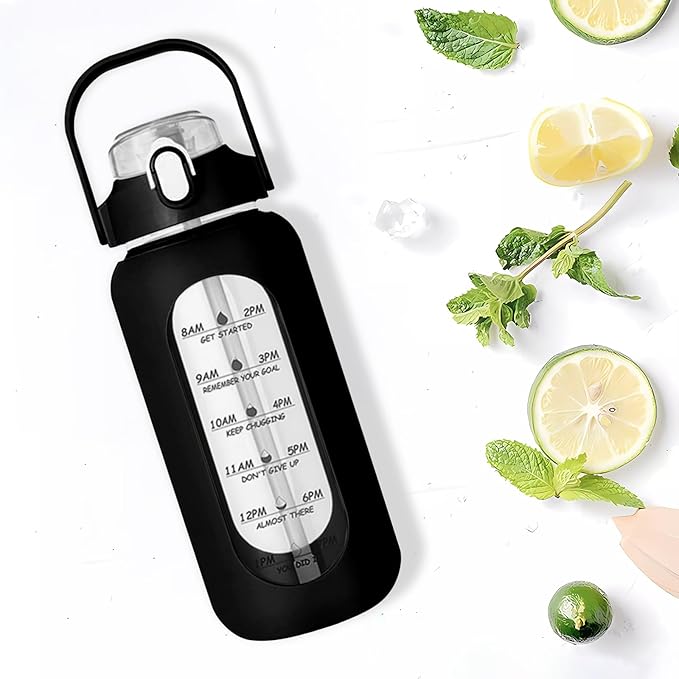 64oz Glass Water Bottle with Straw - Half Gallon Large Motivational Water Bottle with Silicone Sleeve Time Marker, Ideal for Gym, Sports, Workouts, Daily