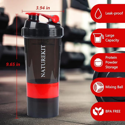 Shaker Bottle,Protein Shaker with Powder Storage Container 18oz, Leak Proof, Gym Bottle Portable Pre Workout for Mix & Drink Shakes & Smoothies,Dishwasher Safe,BPA Free,Red