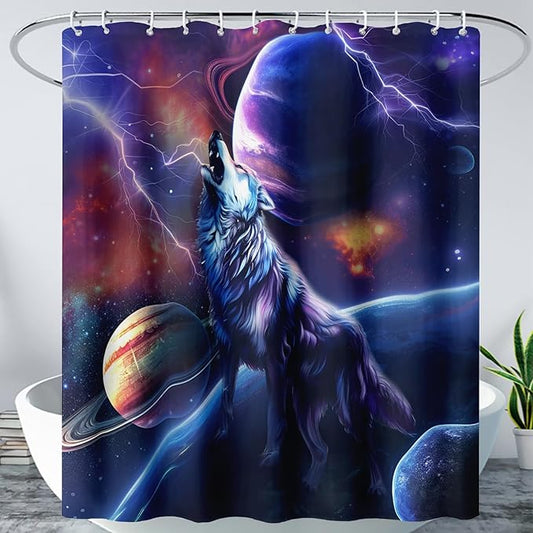 AILONEN Howling Wolf Shower Curtain,Lightning Planet Wolf Bath Curtain for Kids Boys Girls,Wildlife Animal Polyester Waterproof for Shower with 12 Plastic Hooks 60" W*72" H