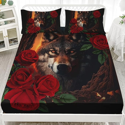 AILONEN Girls Wolf Fitted Sheet Set Twin Size, 3 Pieces Bedding Set Red Rose Wolf Sheet Set for Women Teen Kids,Wildlife Bed Sheet Set Wolf Fitted Sheet with 2 Pillowcases