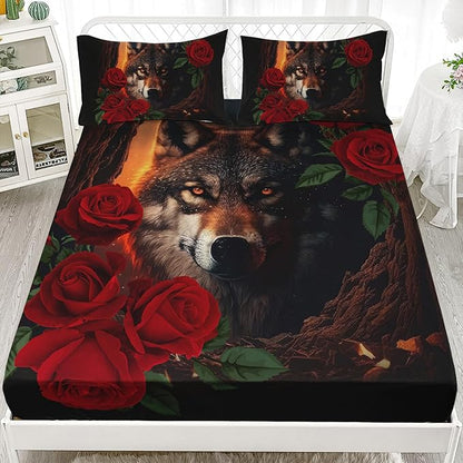 AILONEN Girls Wolf Fitted Sheet Set Full Size, 3 Pieces Bedding Set Red Rose Wolf Sheet Set for Women Teen Kids,Wildlife Bed Sheet Set Wolf Fitted Sheet with 2 Pillowcases