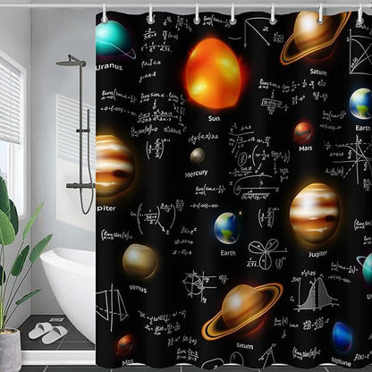 AILONEN Solar System Shower Curtain,Math Galaxy Planet Bath Curtain for Bathroom Decor,Polyester Waterproof with 12 Plastic Hooks 60" W*72" H