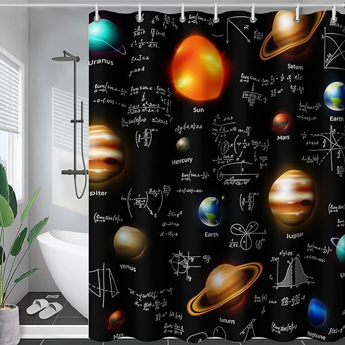 AILONEN Solar System Shower Curtain,Math Galaxy Planet Bath Curtain for Bathroom Decor,Polyester Waterproof with 12 Plastic Hooks 72" W*84" H