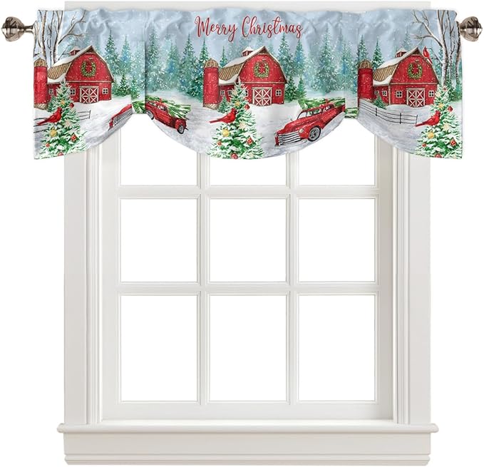 Red Truck Christmas Blackout Tie Up Valance Curtains for Kitchen Windows Merry Christmas Farmhouse Window Toppers Balloon Shades for Living Room/Bathroom/Bedroom,1 Panel, 60" X 18", Winter Xmas Tree