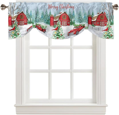 Red Truck Christmas Blackout Tie Up Valance Curtains for Kitchen Windows Merry Christmas Farmhouse Window Toppers Balloon Shades for Living Room/Bathroom/Bedroom,1 Panel, 60" X 18", Winter Xmas Tree