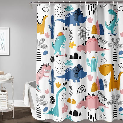AILONEN Dinosaur Shower Curtain for Kids Boys,Cartoon Dinosaur Bath Curtain 72" W*96" H,Cactus Rainbow Dinosaur Waterproof Shower Curtain with 12 Plastic Hooks