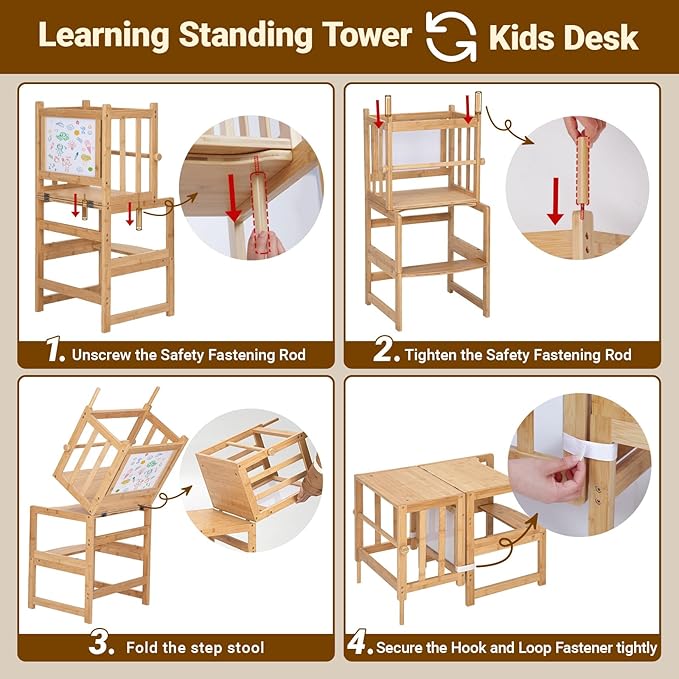 COSYLAND 3-in-1 Multifunctional Toddler Standing Tower, Kids Kitchen Step Stool with Whiteboard, Desk Table and Chair, Enjoys Unique Patented Design,FSC,CPC,SOR,CE Natural