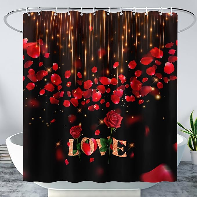 AILONEN Red Rose Flower Shower Curtain,Red and Black Shower Curtain,Romantic Flower Couple Lover Bath Curtain,Rose Themed Bathroom Decor,Waterproof 60" W x 72" H