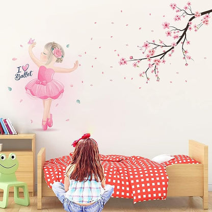 Pink Cherry Blossom Wall Decals, Dancing Ballet Girl Wall Stickers, Flower and Tree Branch Wall Decor, Removable Vinyl Wall Decor Mural Art for Baby Nursery Bedroom & Living Room Sofa TV Backdrop Decoration