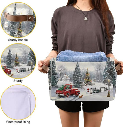 Christmas Tree Red Truck Storage Basket Fabric Laundry Baskets Winter Snowman Snowflake Golden Retriever Dog Storage Boxes Organizer Bag for Cloth Toy Book Storage Cubes Shelf Closet Bins 16×12×8