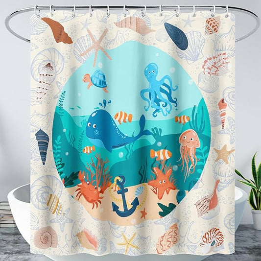 AILONEN Cartoon Dolphin Shower Curtain for Kids Boys Girls,Cute Sea Animals Waterproof Fabric Shower Curtain for Bathroom,Ocean Shell Theme Shower Curtain Set with Hooks,36" W*72" H