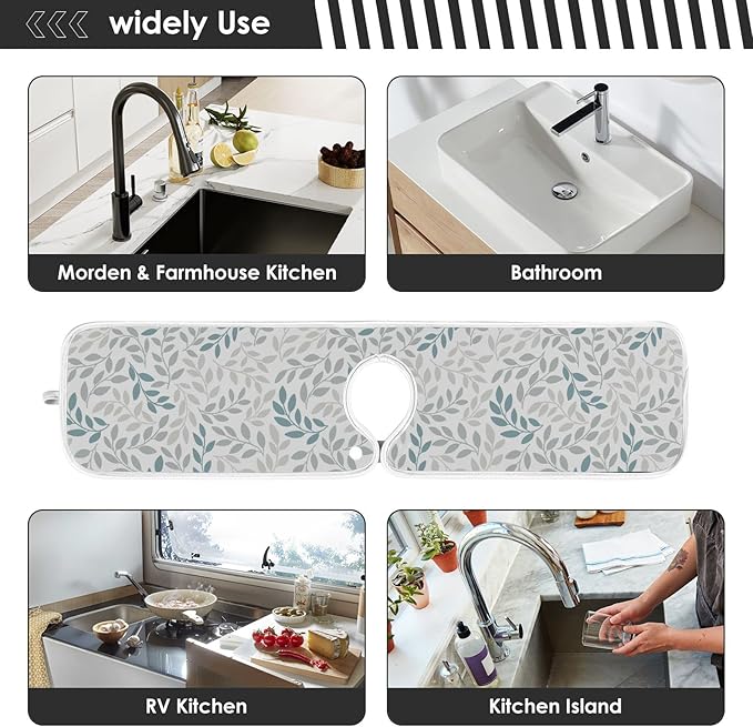 Gray and Blue Leaves Branches Faucet Water Catcher Mat 2 Pack Botanical Herbs Flowers Drying Mat Absorbent Bathroom Faucet Handle Drip Catcher Tray Bar RV Kitchen Sink Splash Guard 14x5 Inches