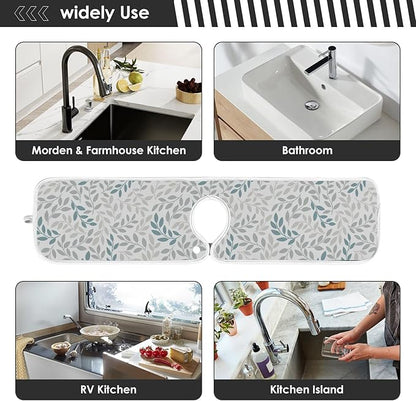 Gray and Blue Leaves Branches Faucet Water Catcher Mat 2 Pack Botanical Herbs Flowers Drying Mat Absorbent Bathroom Faucet Handle Drip Catcher Tray Bar RV Kitchen Sink Splash Guard 14x5 Inches