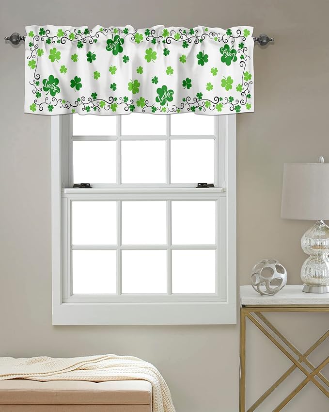 St. Patrick's Day Valances Kitchen Curtains for Windows,Shamrock Irish Clover Rod Pocket Valances Seasonal Spring Holiday Decoration Short Curtains For Bedroom/ Living Room,54" X 18" -1 Panel