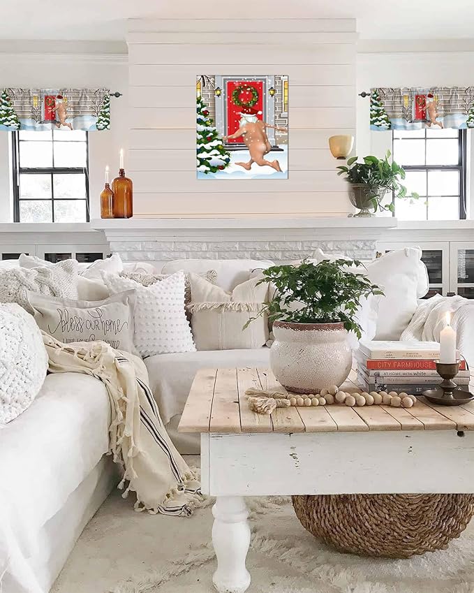 Christmas Farmhouse Kitchen Curtains Valances for Windows Funny Santa Claus Rod Pocket Window Treatment for Kitchen/Living Room/Bedroom/Bathroom,42" X 18" -1 Panel, Holly Xmas Tree