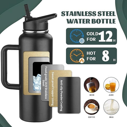 40oz Insulated Water Bottle with Handle, Stainless Steel Sports Metal Water Flask with Straw & 2 Leak Proof Lids, Double Walled Vacuum Wide Mouth Water Bottle for Travel, Camping, Gym Sports (Black)