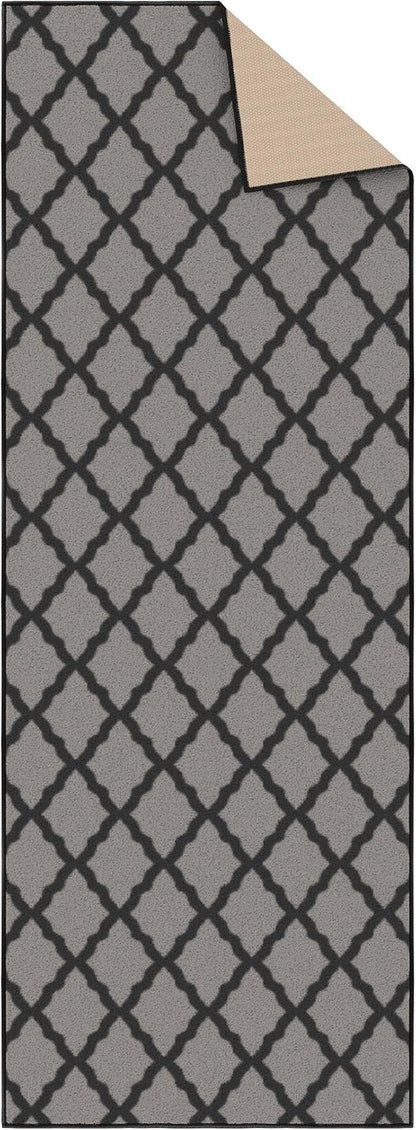 Machine Washable Moroccan Trellis Design Non-Slip Rubberback 2x6 Traditional Indoor Runner Rug for Hallway, Kitchen, Bedroom, 2'2" x 6', Dark Gray