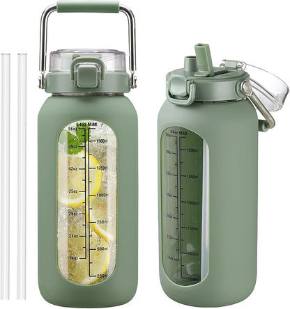 kytffu 64 oz Glass Water Bottle with Straw and Stainless Steel Handle, Half Gallon Water Bottle with Silicone Sleeve and Time Marker, 2L Large Glass Bottle for Gym, School, Travel, Leak-proof (olive)
