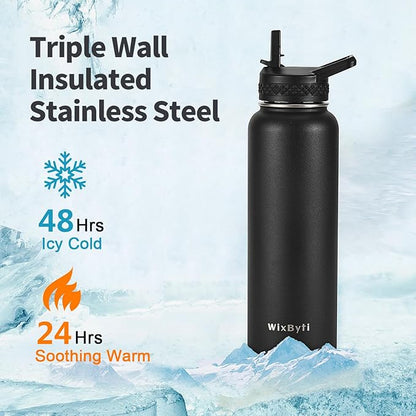 40 oz Insulated Water Bottle with Straw (Cold for 48 Hrs), Stainless Steel Triple Wall Vacuum Sports Water Jug, Leakproof Hydro Cup Flask with Paracord Handle & Straw Spout Lids & DIY Stickers