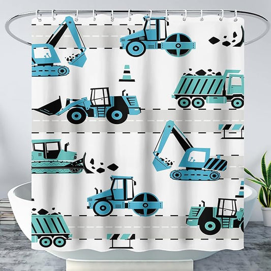 AILONEN Cartoon Kids Truck Shower Curtain,Waterproof Durable,Blue Forklift Truck Excavator Bath Curtain for Boys Girls,Construction Themed Bathroom Decor with 12 Plastic Hooks, 48" W x 72" H