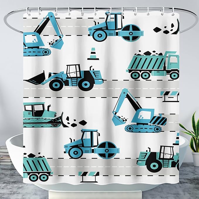 AILONEN Cartoon Kids Truck Shower Curtain,Waterproof Durable,Blue Forklift Truck Excavator Bath Curtain for Boys Girls,Construction Themed Bathroom Decor with 12 Plastic Hooks, 72" W x 96" H