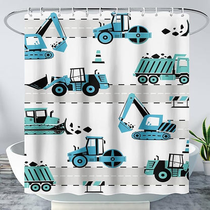 AILONEN Cartoon Kids Truck Shower Curtain,Waterproof Durable,Blue Forklift Truck Excavator Bath Curtain for Boys Girls,Construction Themed Bathroom Decor with 12 Plastic Hooks, 72" W x 96" H