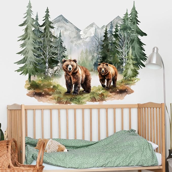 Vibrant Watercolor Bear Forest Wall Decals - Set of 2 Large Sheets (30x90cm) - Perfect for Nursery, Kids Room Decor - Easy Peel & Stick Removable Art