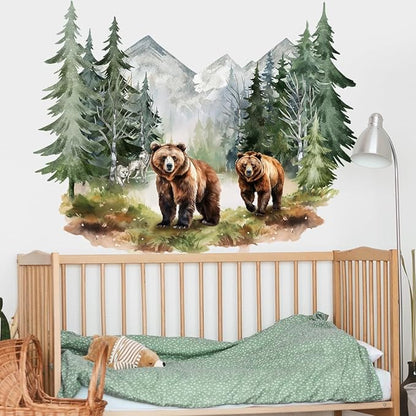 Vibrant Watercolor Bear Forest Wall Decals - Set of 2 Large Sheets (30x90cm) - Perfect for Nursery, Kids Room Decor - Easy Peel & Stick Removable Art