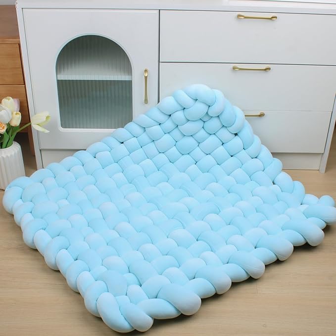 XHJRI Thickened Braided Knot Seat Mat, Knotted Floor Decorative Cushion, Handmade Baby Infant Playing Pad Nursery Rug (27.5 * 31.5 Inch,Blue)