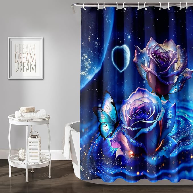 AILONEN Blue Rose Shower Curtain,Romantic Flower Bath Curtain for Girls Women,Blue Galaxy Starry Rose Floral Curtain for Bathroom Decor 60" W*72" H,Waterproof with 12 Plastic Hooks