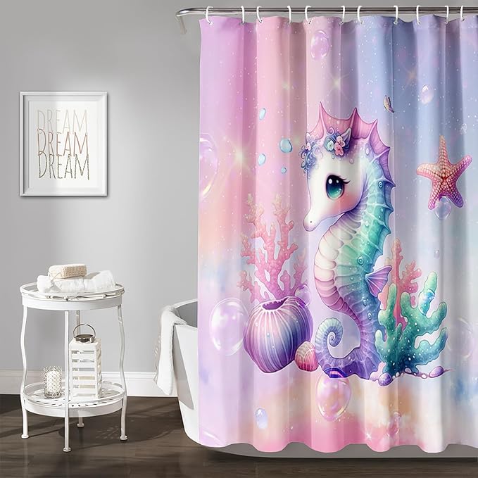 AILONEN Cute Seahorse Shower Curtain for Kids Girls,Rainbow Seahorse Bath Curtain,Ocean Coral Starfish Kawaii Shower Curtain Waterproof for Bathroom Decor with 12 Plastic Hooks, 48" W*72" H