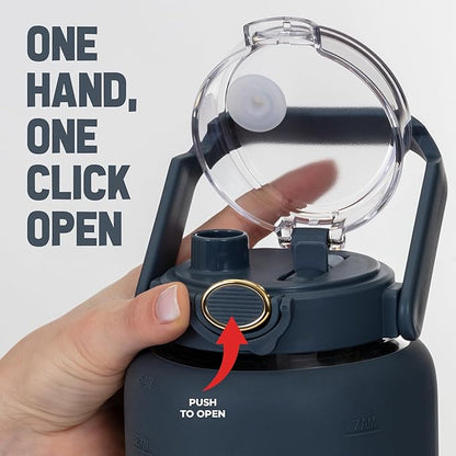 64oz Glass Water Bottle | Blue Water Bottle with Straw & Time Marker | Half Gallon Water Bottle with Measurements & Silicone Sleeve | Suitable for Travel, Gym, Sports & Daily Intake