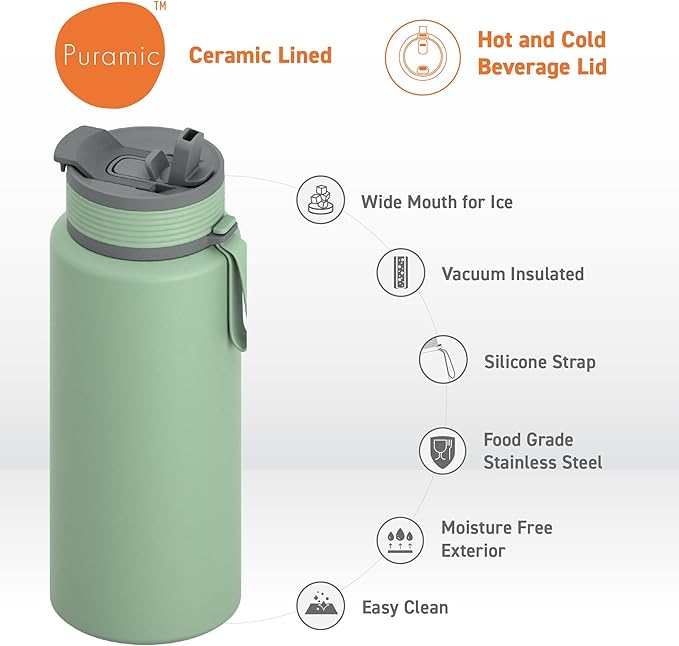 Asobu Boulder Puramic™ Insulated Sport Water Bottle with Dual Function Flip Open and Straw Lid for Hot Coffee and Cold Ice Coffee with Ceramic Coating 34 oz (Basil Green)