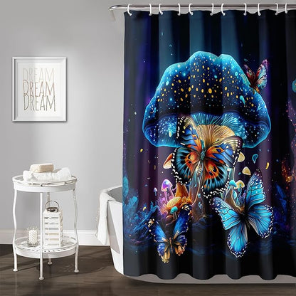 AILONEN Beautiful Butterfly Shower Curtain Bathroom 60" W*72" H Sparkly Blue Butterflies Curtain Cloth Fabric Bathroom for Girls Kids,Magic Mushroom Shower Curtain Set