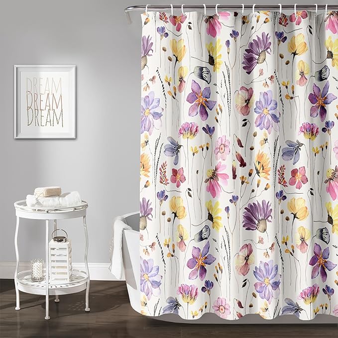 AILONEN Solemn Flowers Shower Curtain,Daisy Theme Bathroom Shower Curtain for Girls Kids Teens, 72" W*78" H Watercolor Patchwork Flowers Bathroom Decor for Bathroom