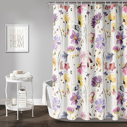 AILONEN Solemn Flowers Shower Curtain,Daisy Theme Bathroom Shower Curtain for Girls Kids Teens, 72" W*72" H Watercolor Patchwork Flowers Bathroom Decor for Bathroom